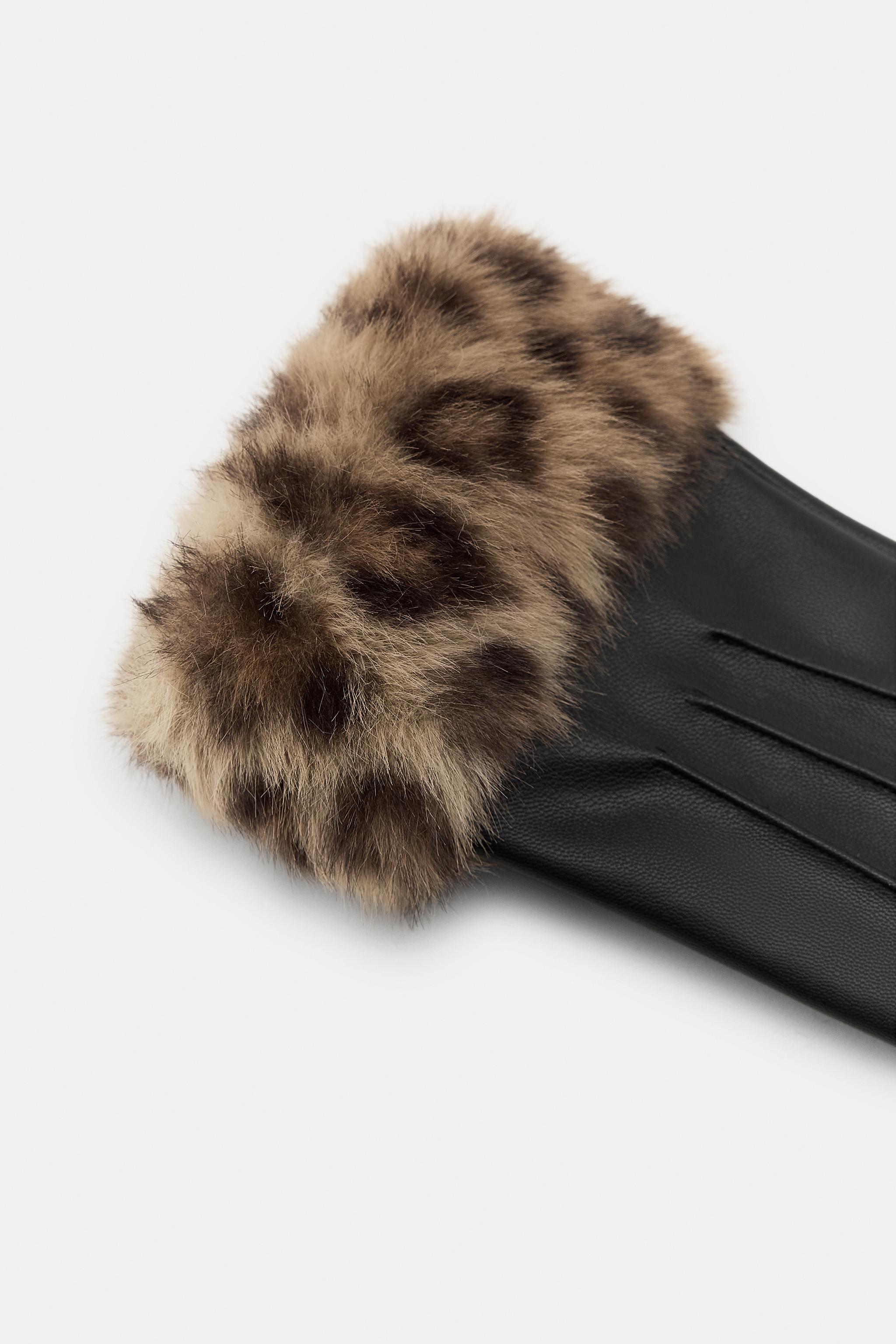 FAUX LEATHER ANIMAL PRINT FUR GLOVES